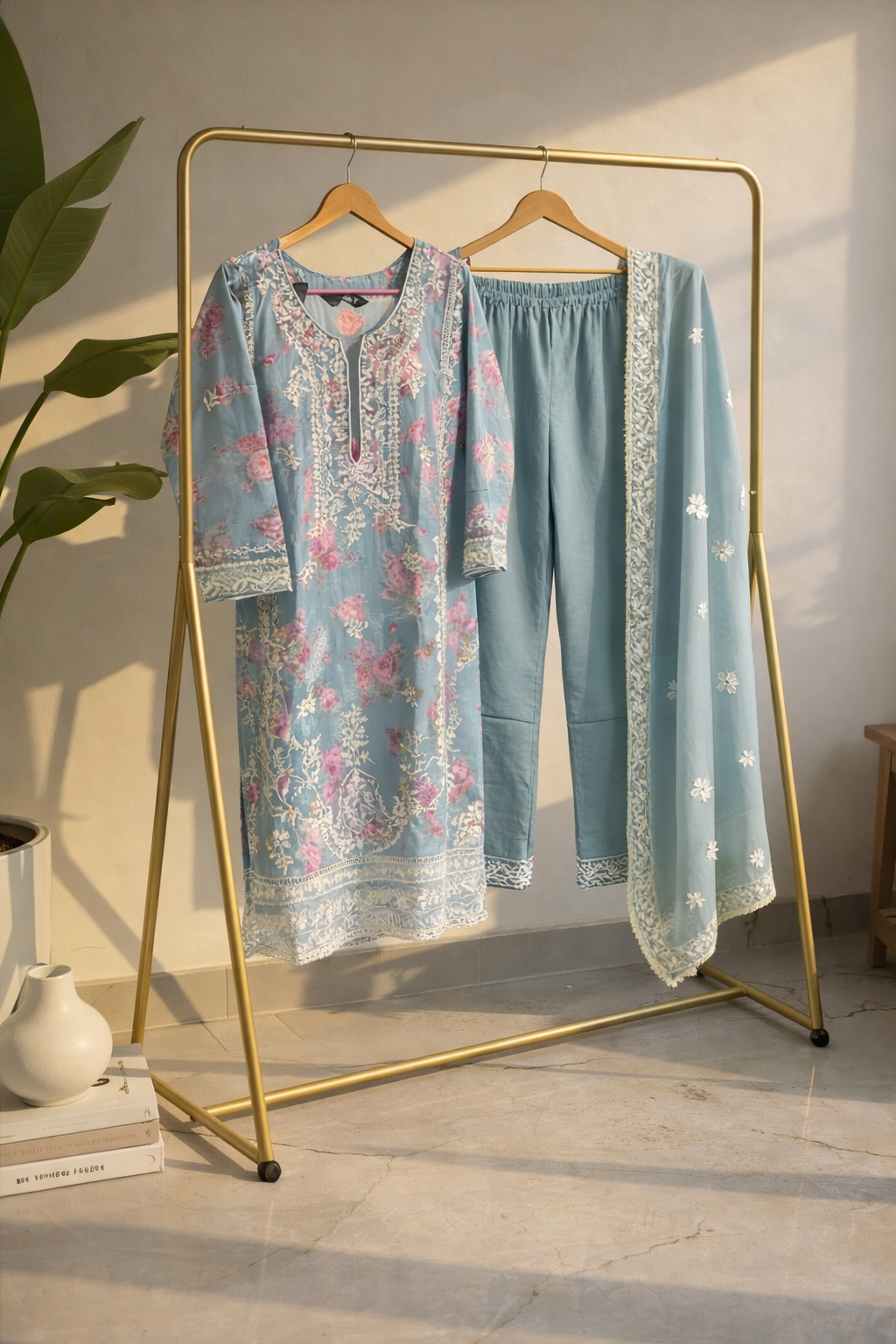 Sage Green Floral Printed Cotton Suit Set  MO14.1