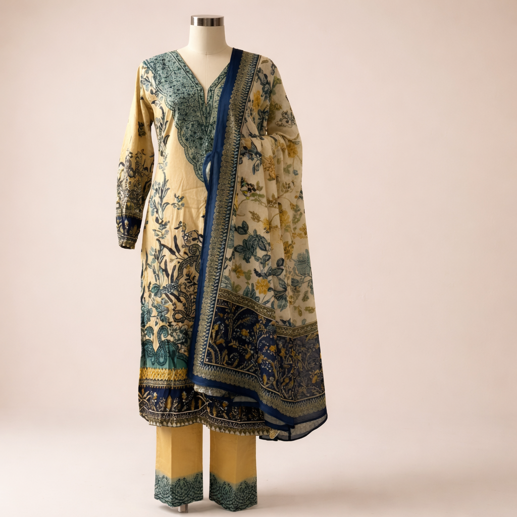 Mustard Yellow & Teal Floral Printed Suit Set with Coordinated Dupatta MO6.1