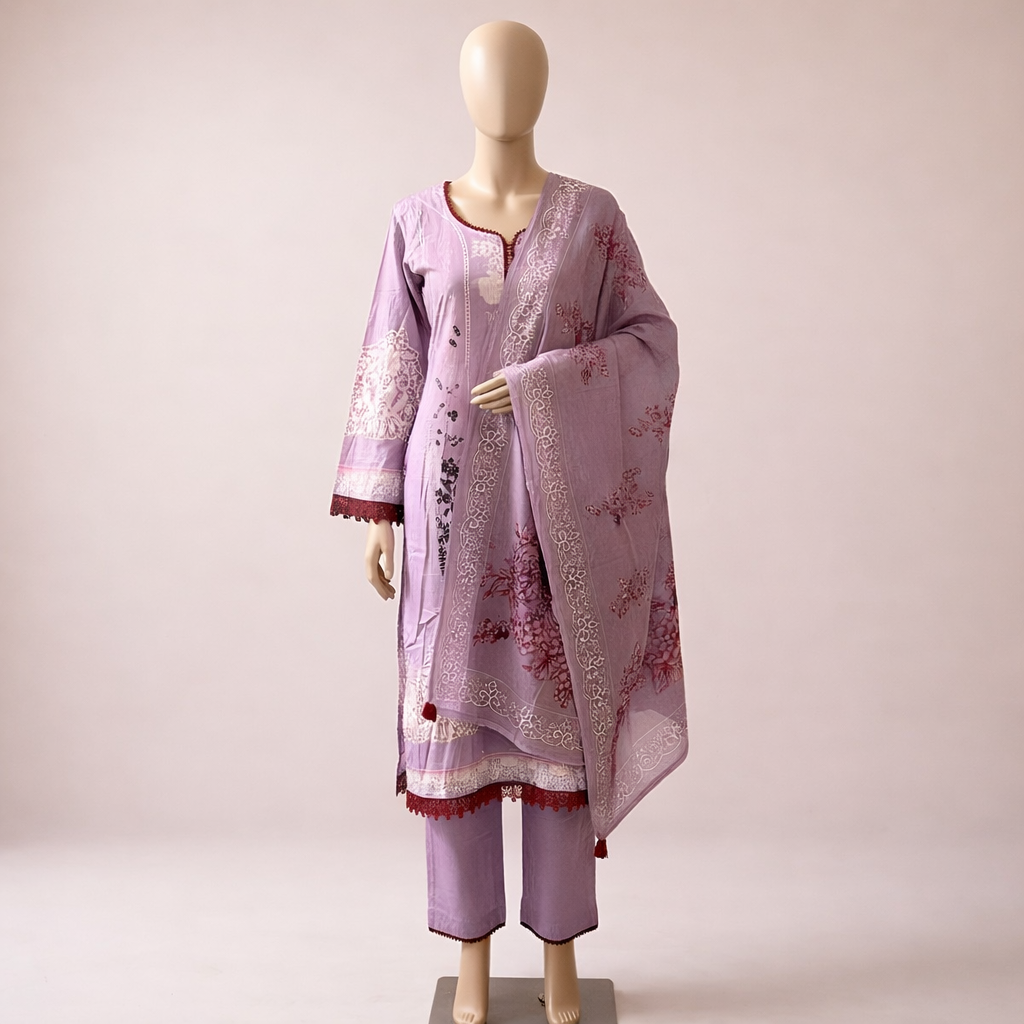 Lavender Printed Cotton Suit Set with Solid Bottom & Floral DupattaMO13.5