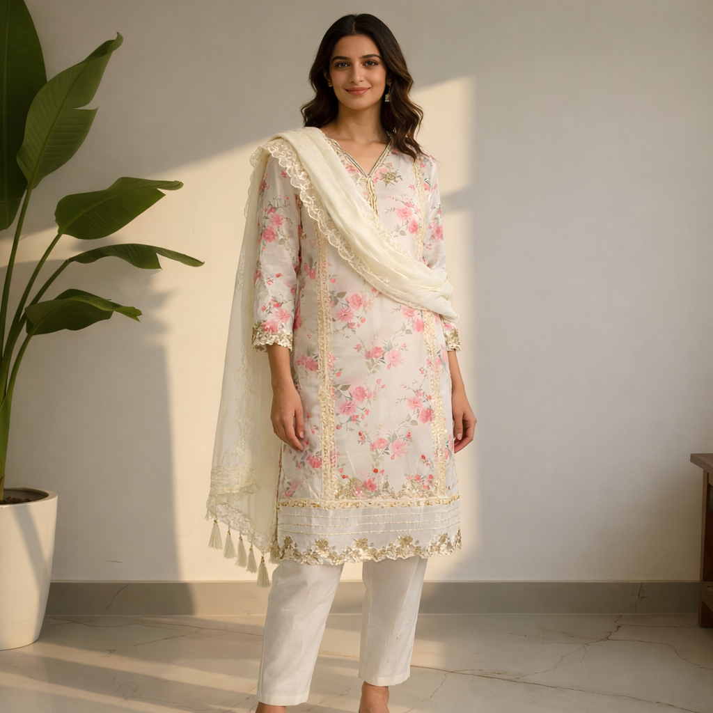 Ivory Floral Printed Suit Set with Delicate Lace Detailing & Sheer Dupatta MO15.4