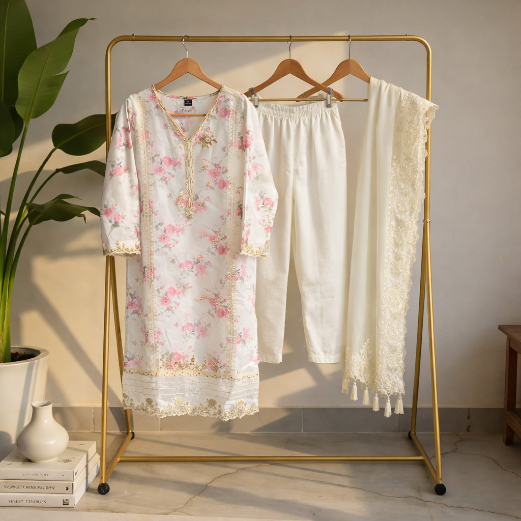 Ivory Floral Printed Suit Set with Delicate Lace Detailing & Sheer Dupatta MO15.4