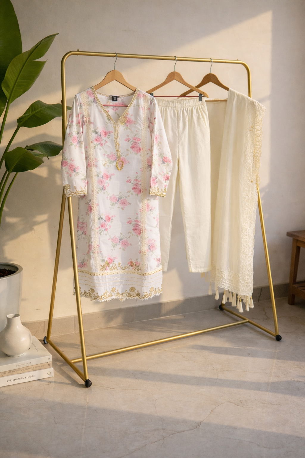 Ivory Floral Printed Suit Set with Delicate Lace Detailing & Sheer Dupatta MO15.4