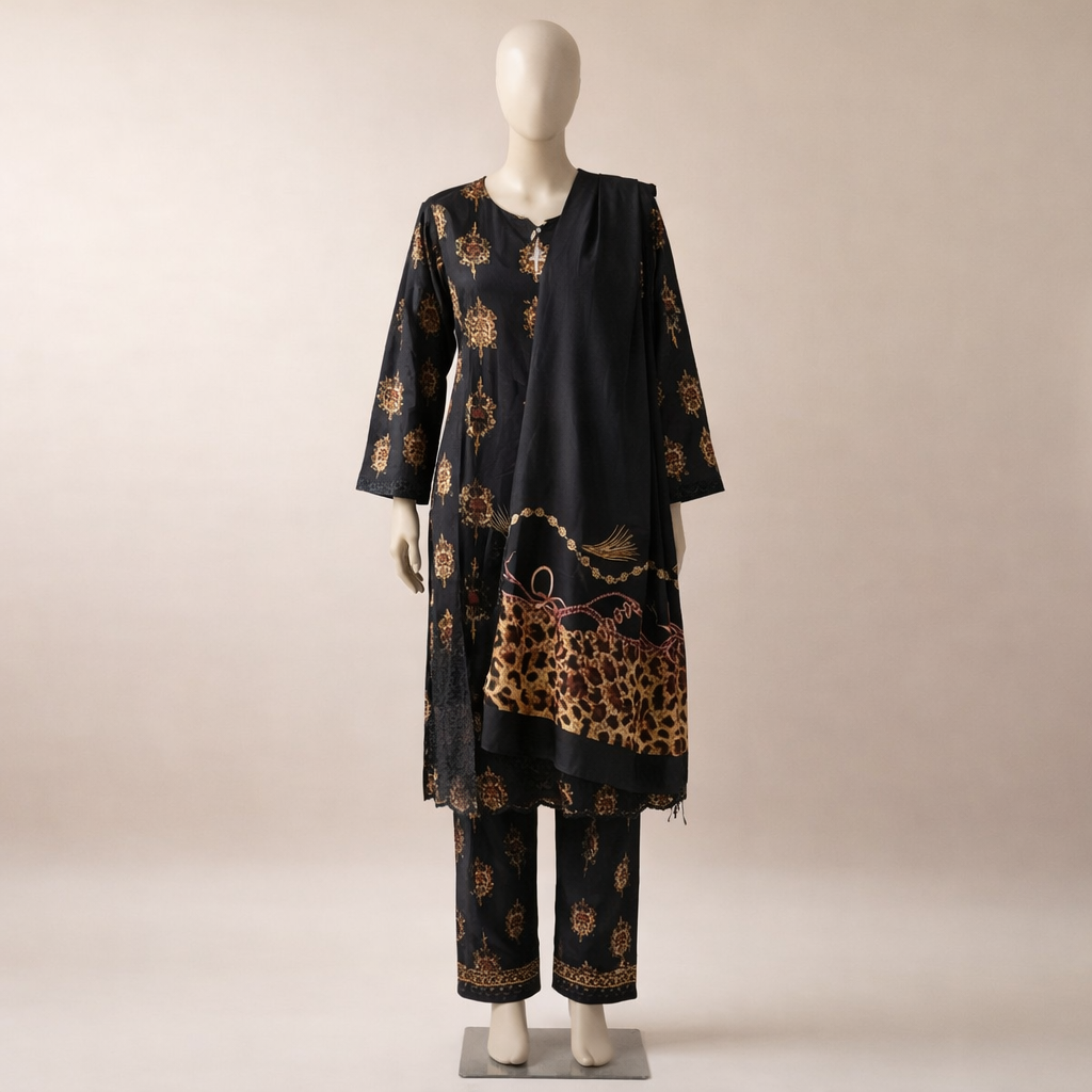 Black & Gold Printed Poly-Cotton Suit Set with Coordinated Dupatta MO2.1