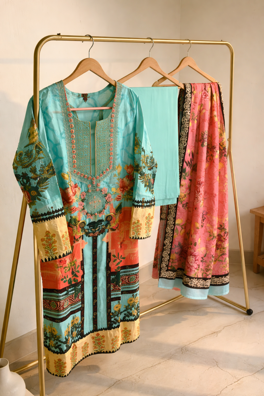 Sea Green & Coral Floral Printed Suit Set with Contrast Dupatta MO5.4