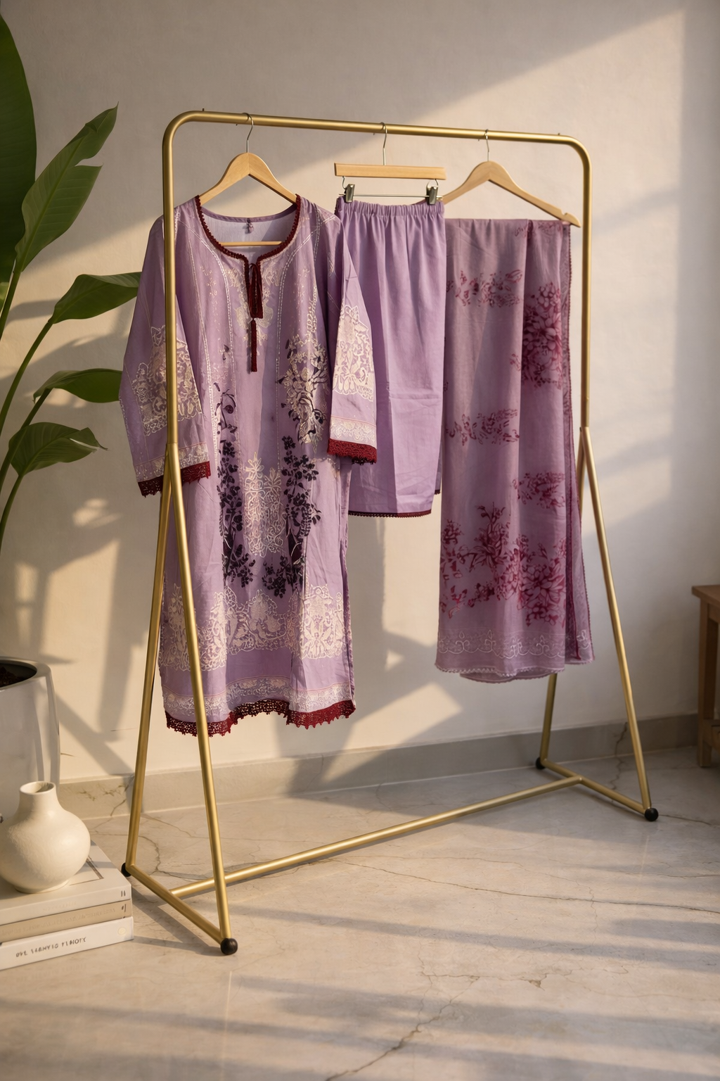 Lavender Printed Cotton Suit Set with Solid Bottom & Floral DupattaMO13.5