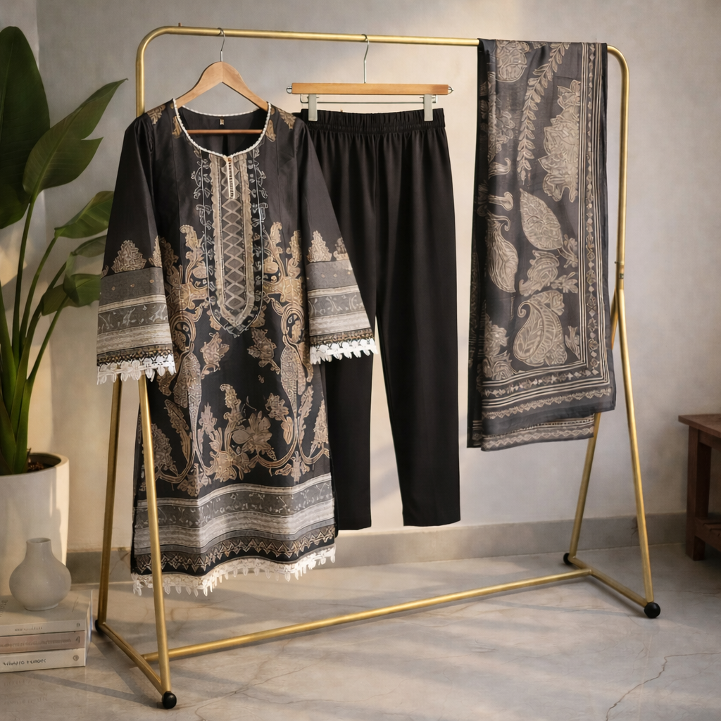 Charcoal Grey Printed Cotton Suit Set  MO13.3