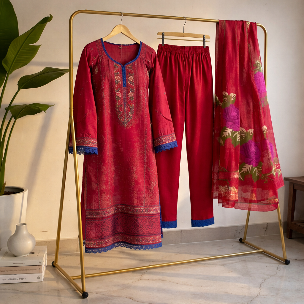Deep Crimson Printed Cotton Suit Set  MO13.4