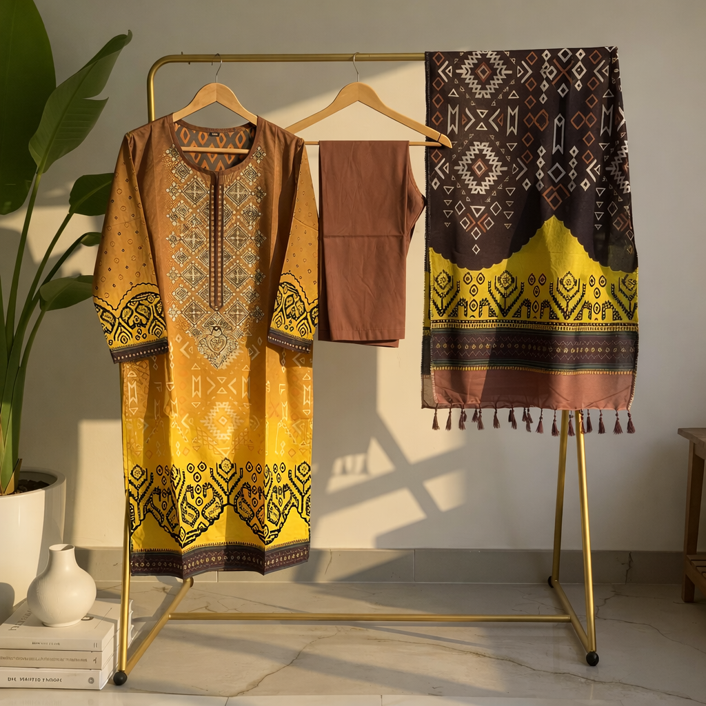 Mustard Yellow & Coffee Brown Printed Cotton Suit Set  MO 1.1