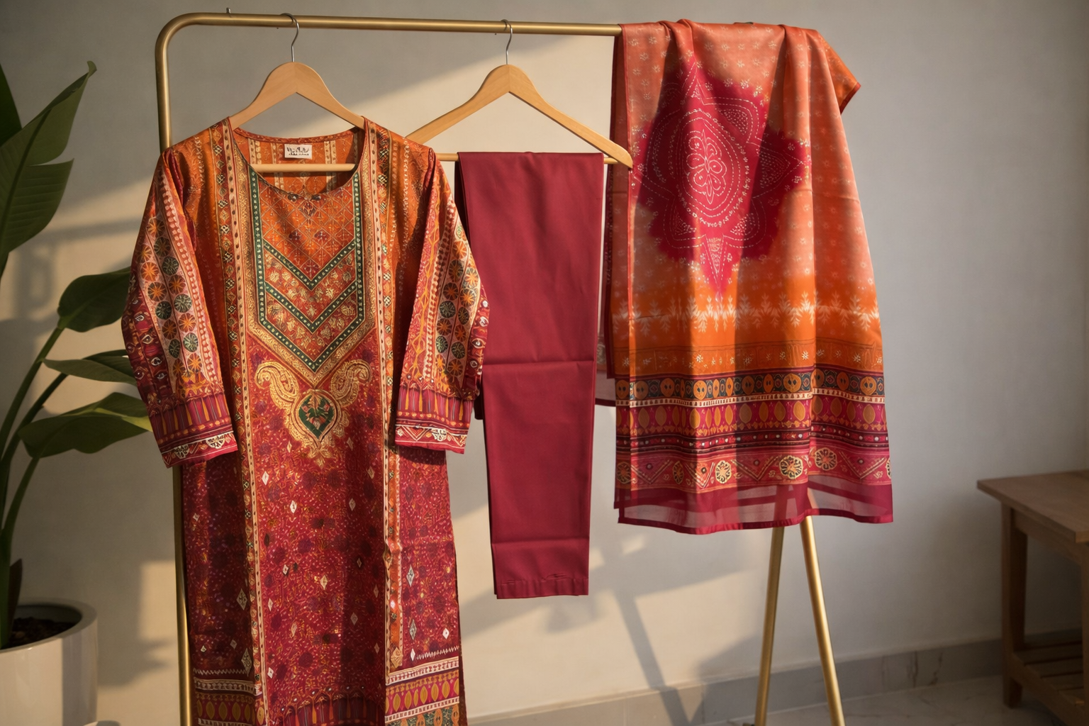 Rani Pink & Coral Red Printed Cotton Suit Set MO 1.3