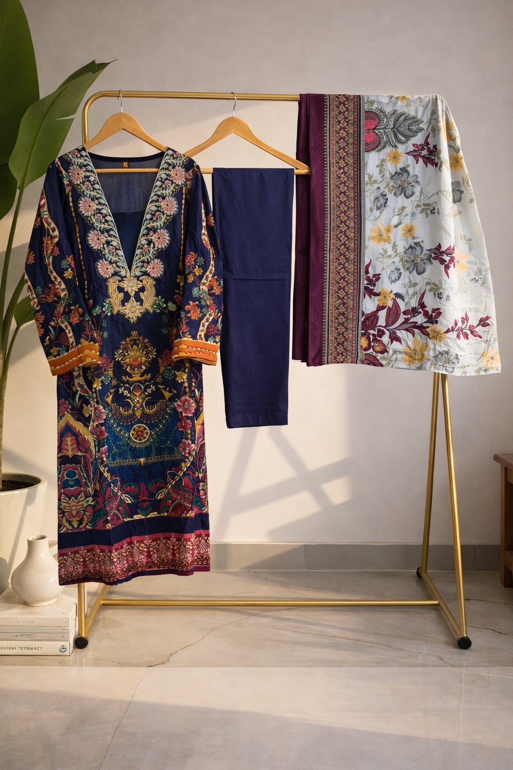 Navy Blue Multicolor Printed Cotton Suit Set  MO6.4