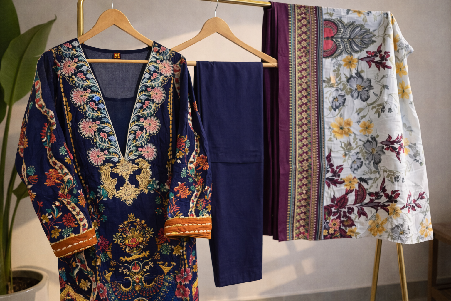 Navy Blue Multicolor Printed Cotton Suit Set  MO6.4