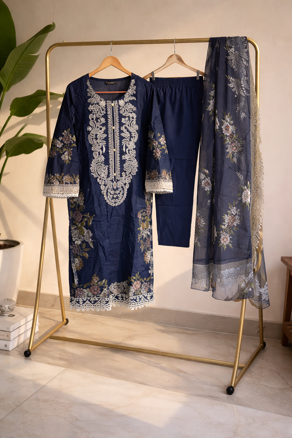 Deep Navy Blue Floral Printed Cotton Suit Set with Coordinated Dupatta  MO8.12