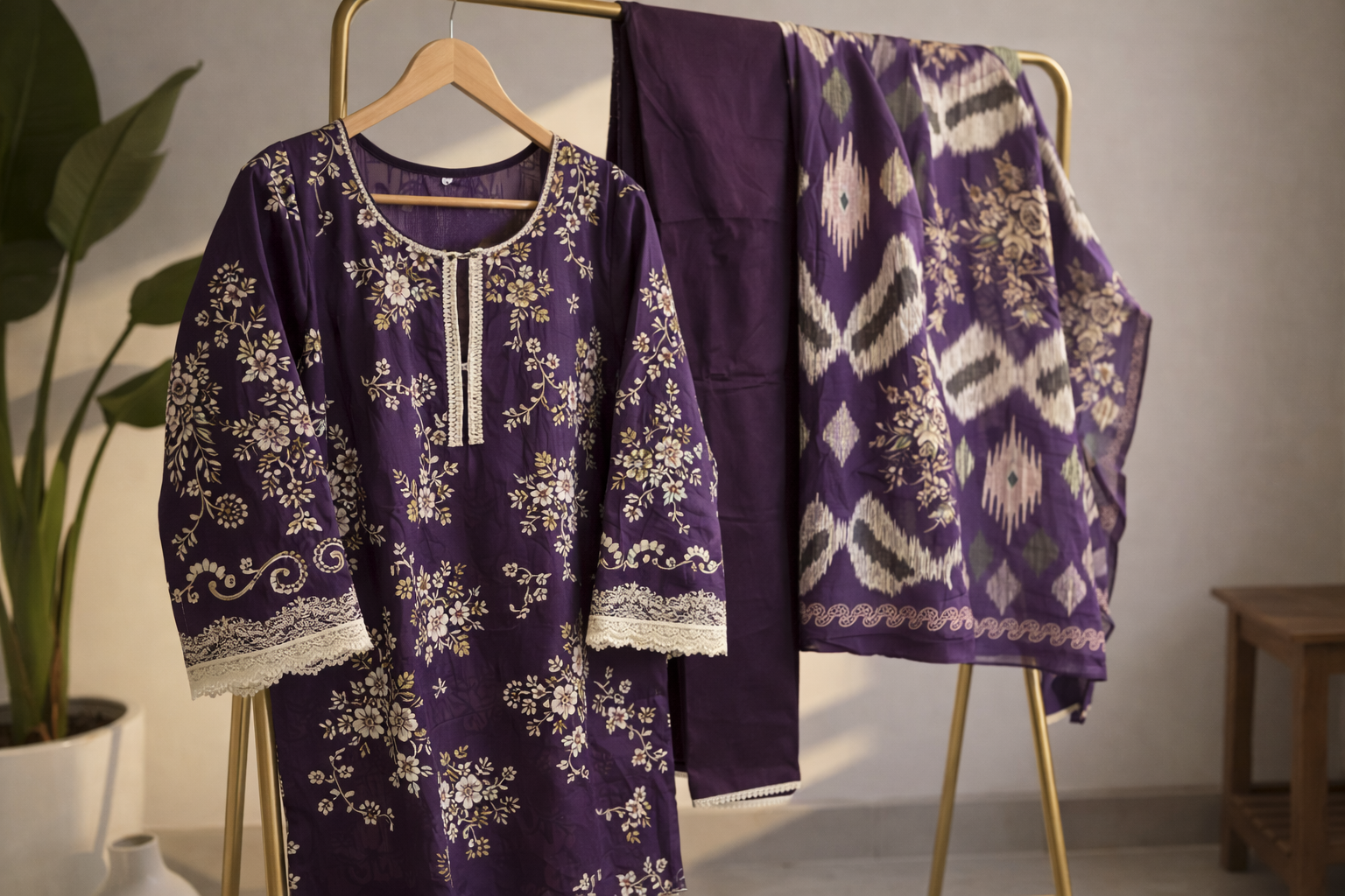 Royal Purple Floral Printed Cotton Suit Set  MO11.5