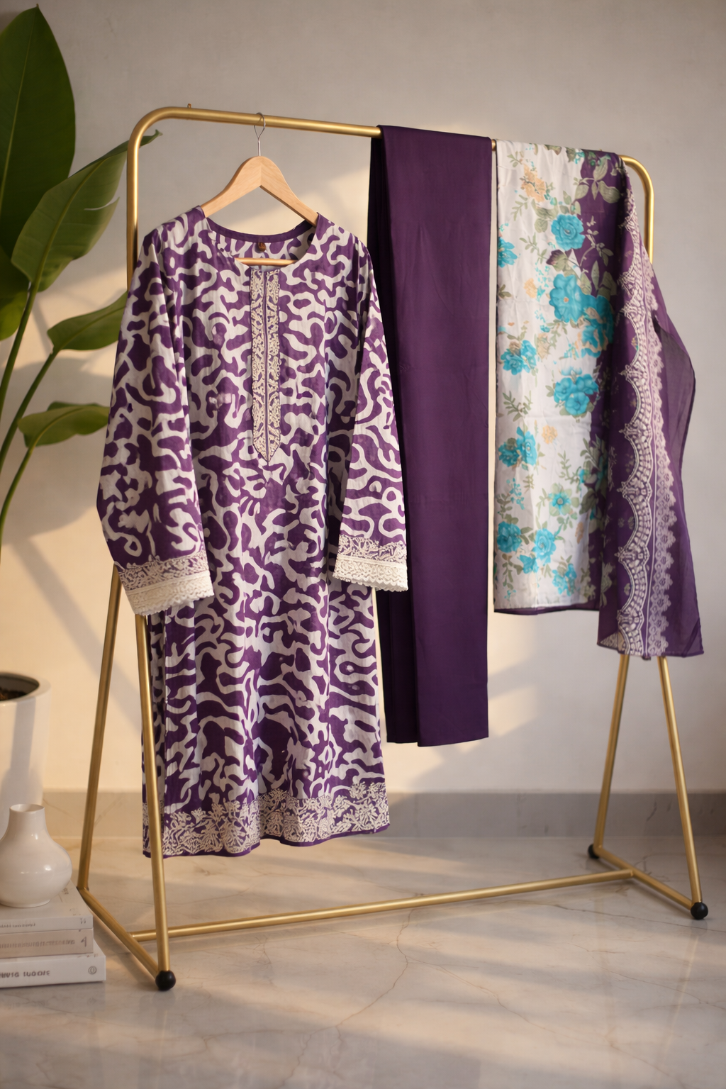 Deep Purple Abstract Printed Cotton Suit Set with Floral Dupatta  MO12.2