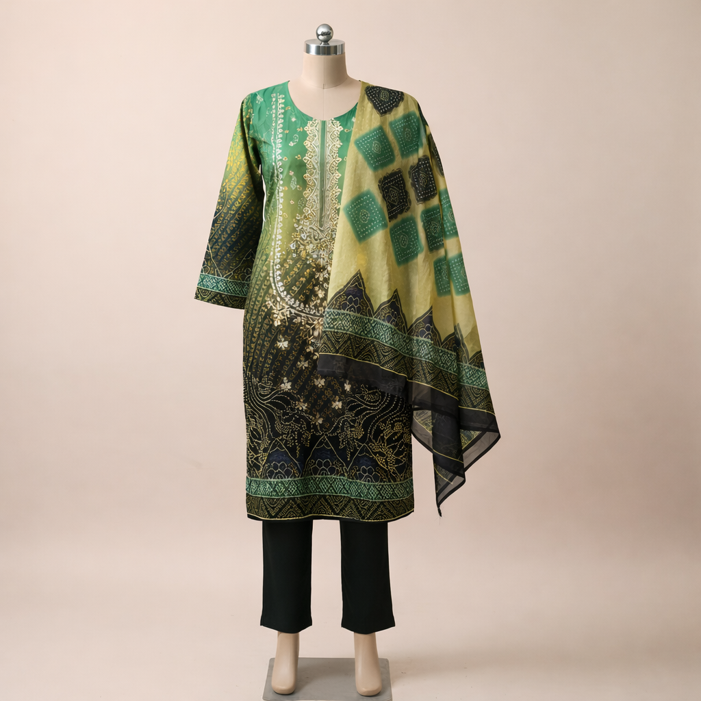 Emerald Green & Black Bandhani Print Cotton Blend Suit Set MO1.6