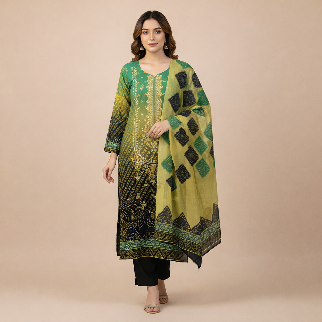 Emerald Green & Black Bandhani Print Cotton Blend Suit Set MO1.6