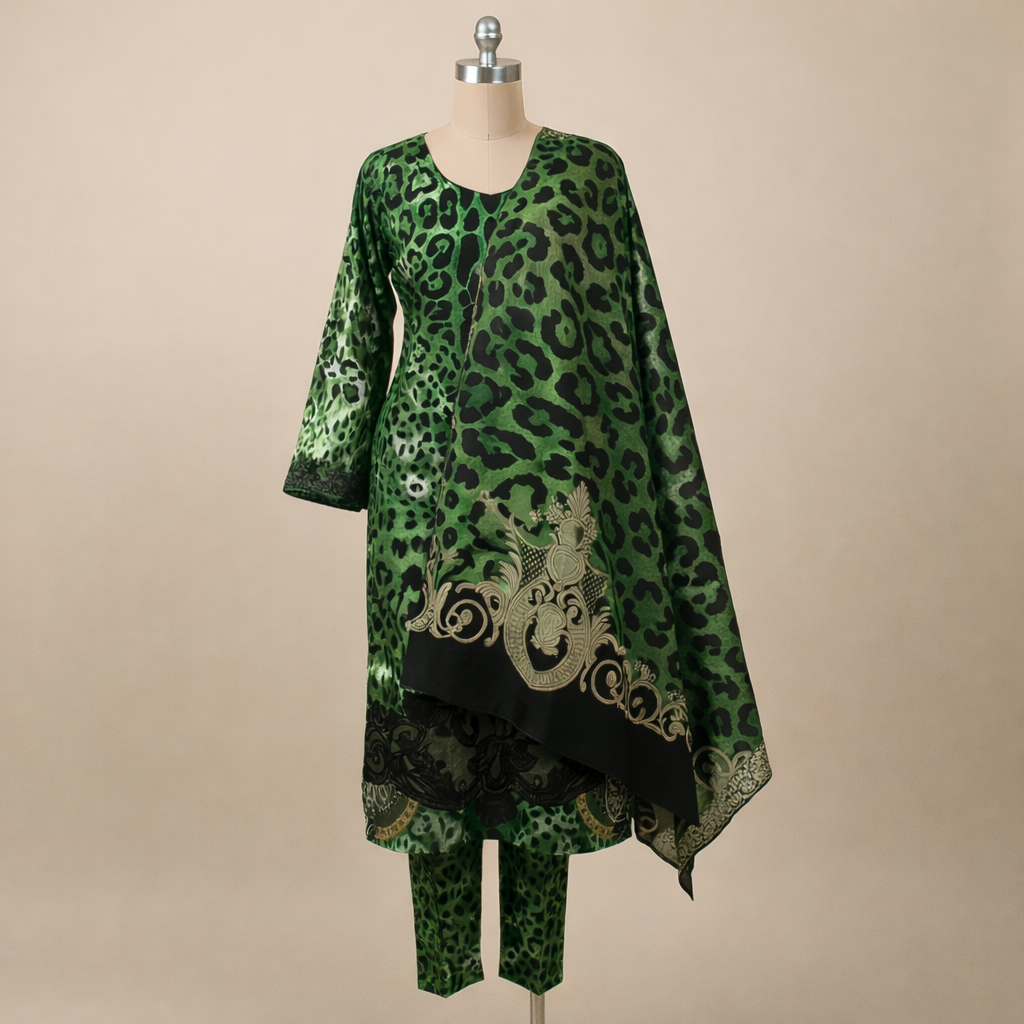 Emerald Green & Black Leopard Print Cotton Blend Suit Set with Ornamental Dupatta mo2.2