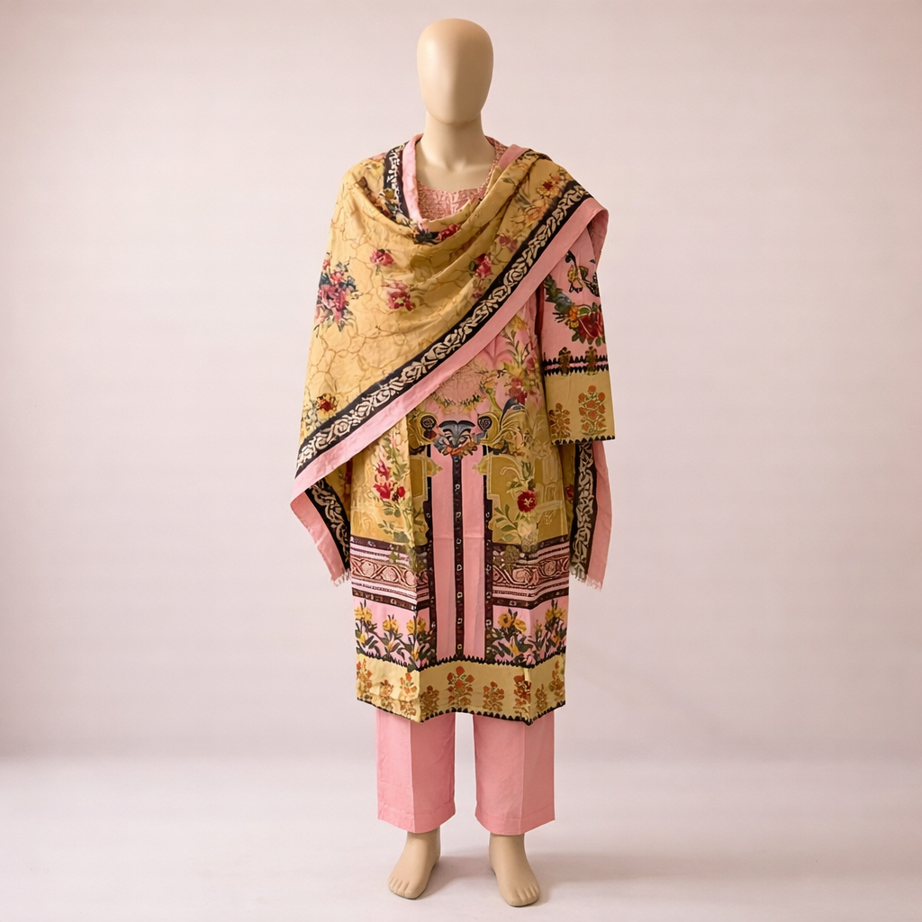 Blush Pink & Mustard Floral Printed Suit Set with Coordinated Dupatta MO5.3