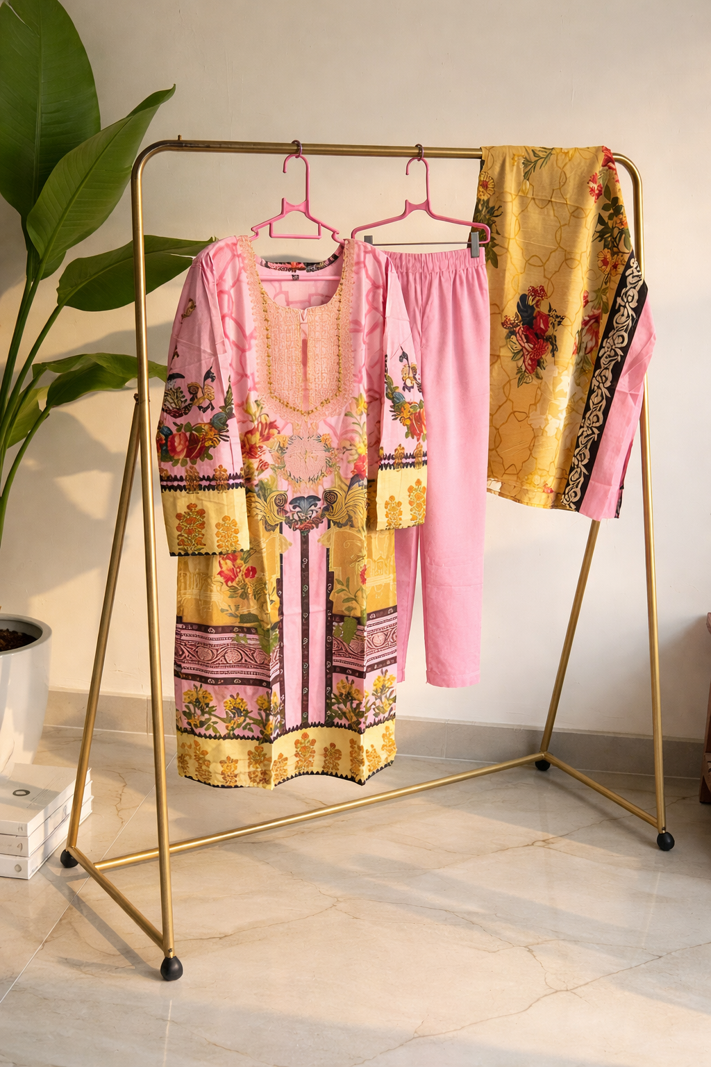 Blush Pink & Mustard Floral Printed Suit Set with Coordinated Dupatta MO5.3