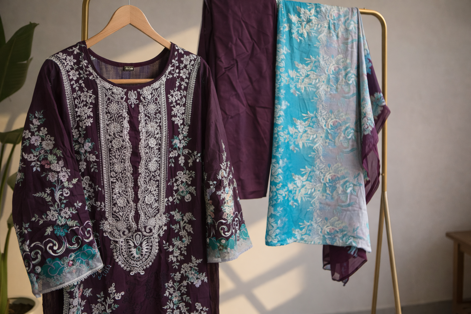 Wine Maroon & Teal Floral Printed Cotton Suit Set MO9.3