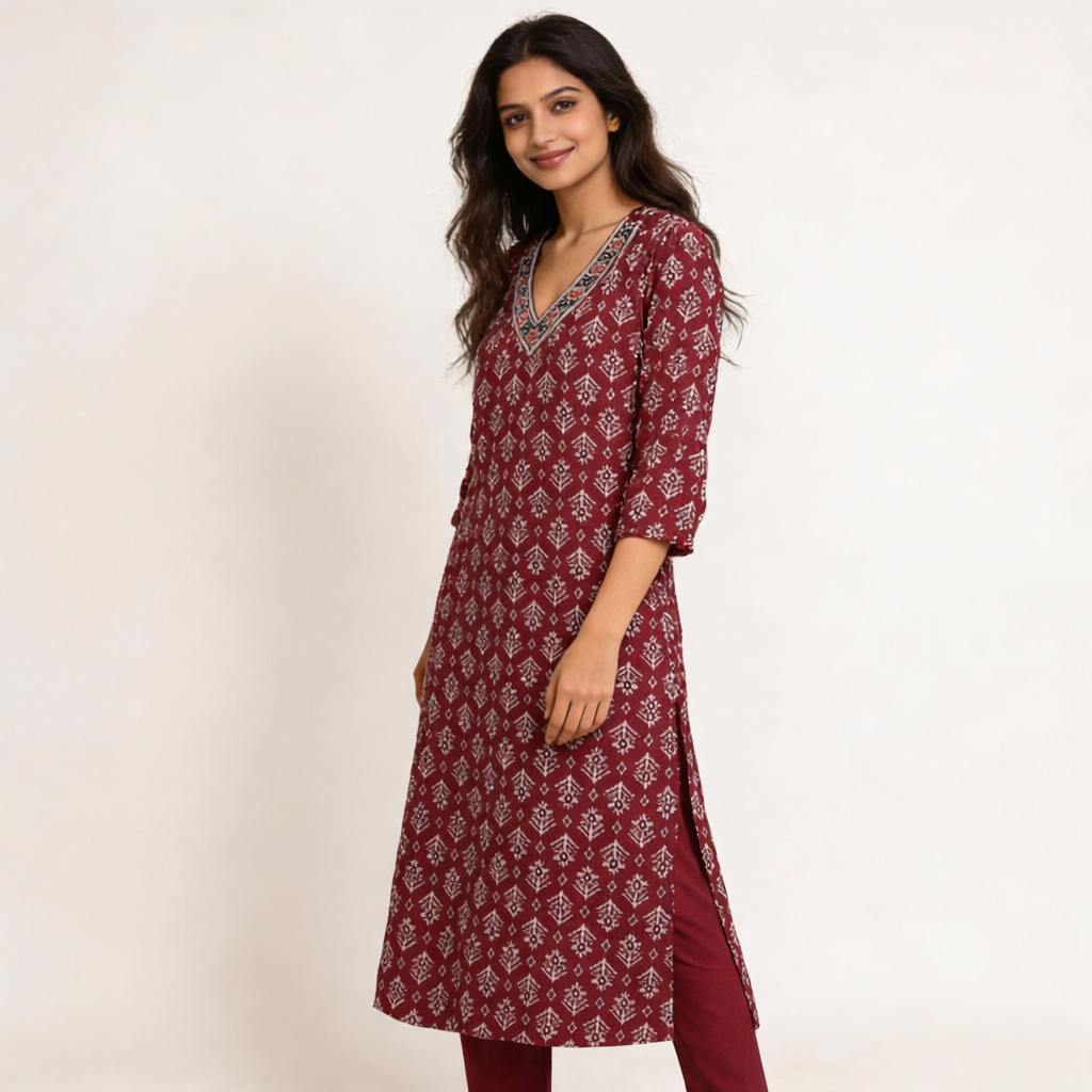 Maroon Ethnic Printed Straight kurta HO2 XL9