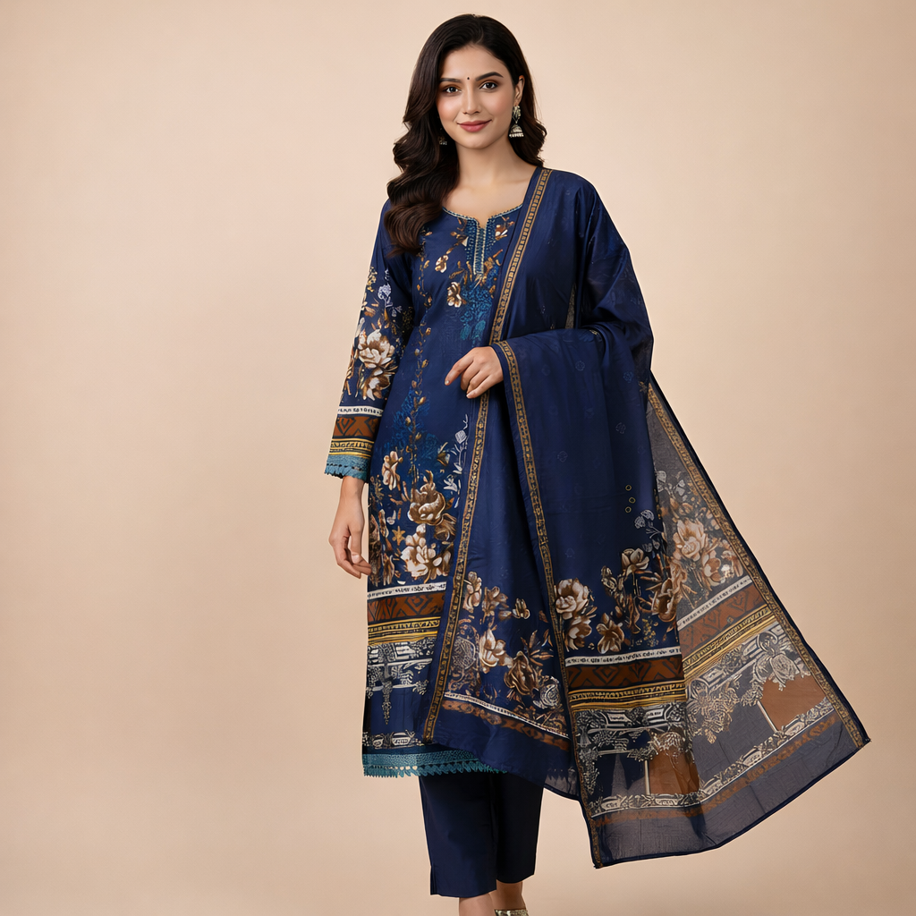 Navy Blue Floral Printed Cotton Suit MO7.4