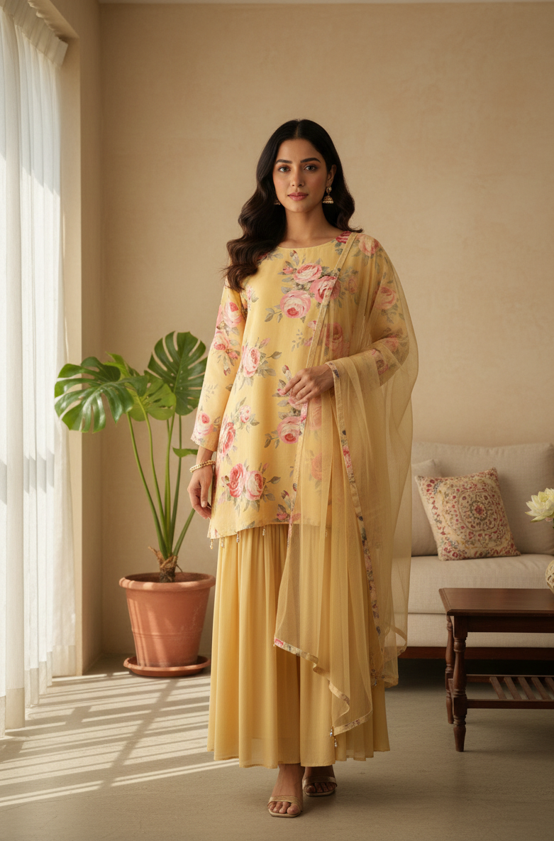 Sunlit Bloom Sharara Set MR 1-Yellow