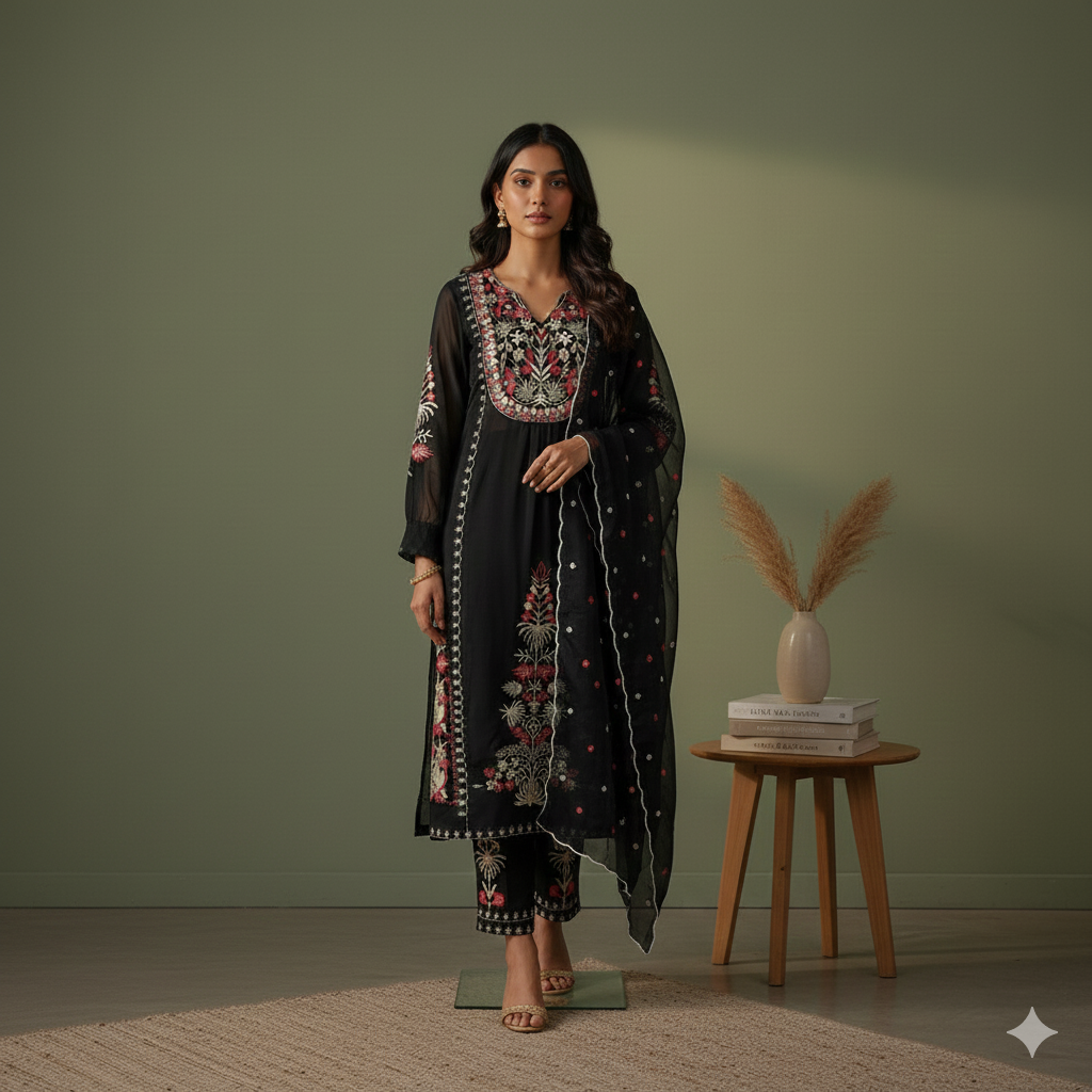 Noir Blossom Embroidered Suit Set MR 2