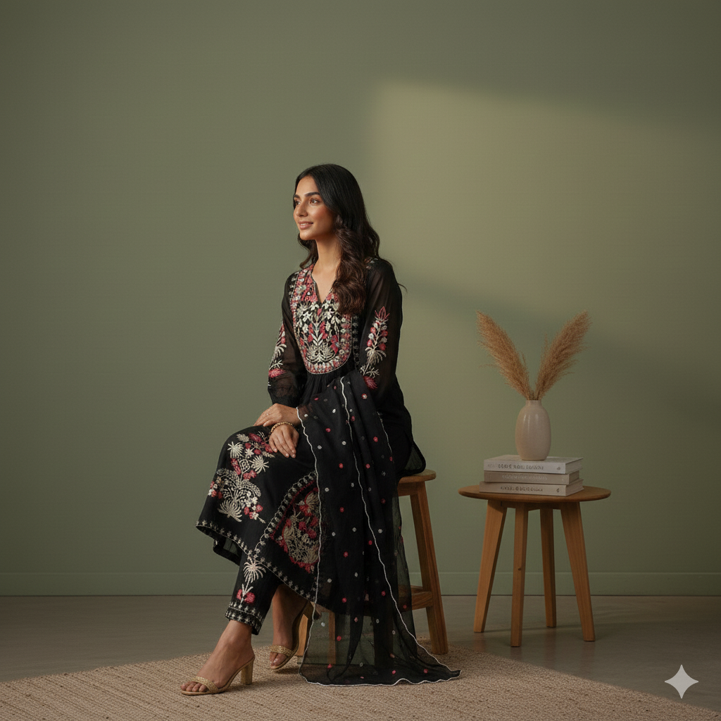 Noir Blossom Embroidered Suit Set MR 2