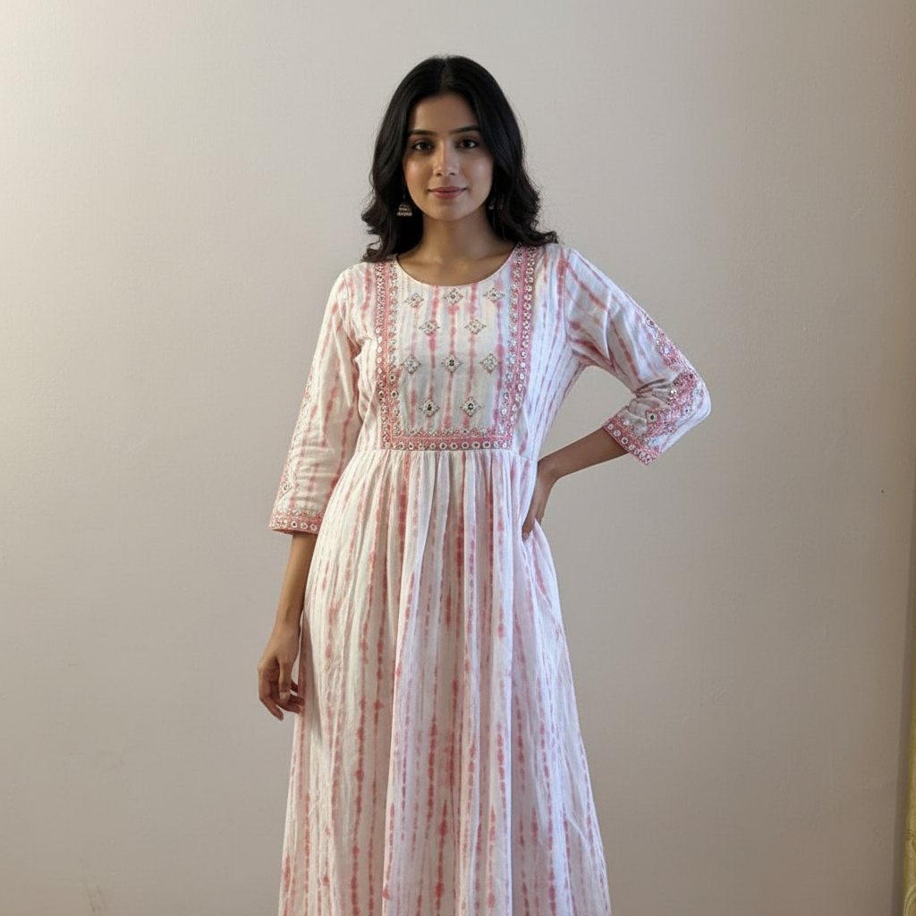 Soft Pink & White Tie-Dye Printed A-Line Kurta HO 2 S 7