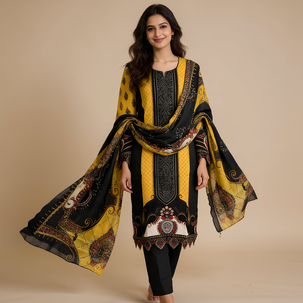 Black & Mustard Ethnic Printed Cotton Blend Suit Set with Designer Dupatta  mo3.4