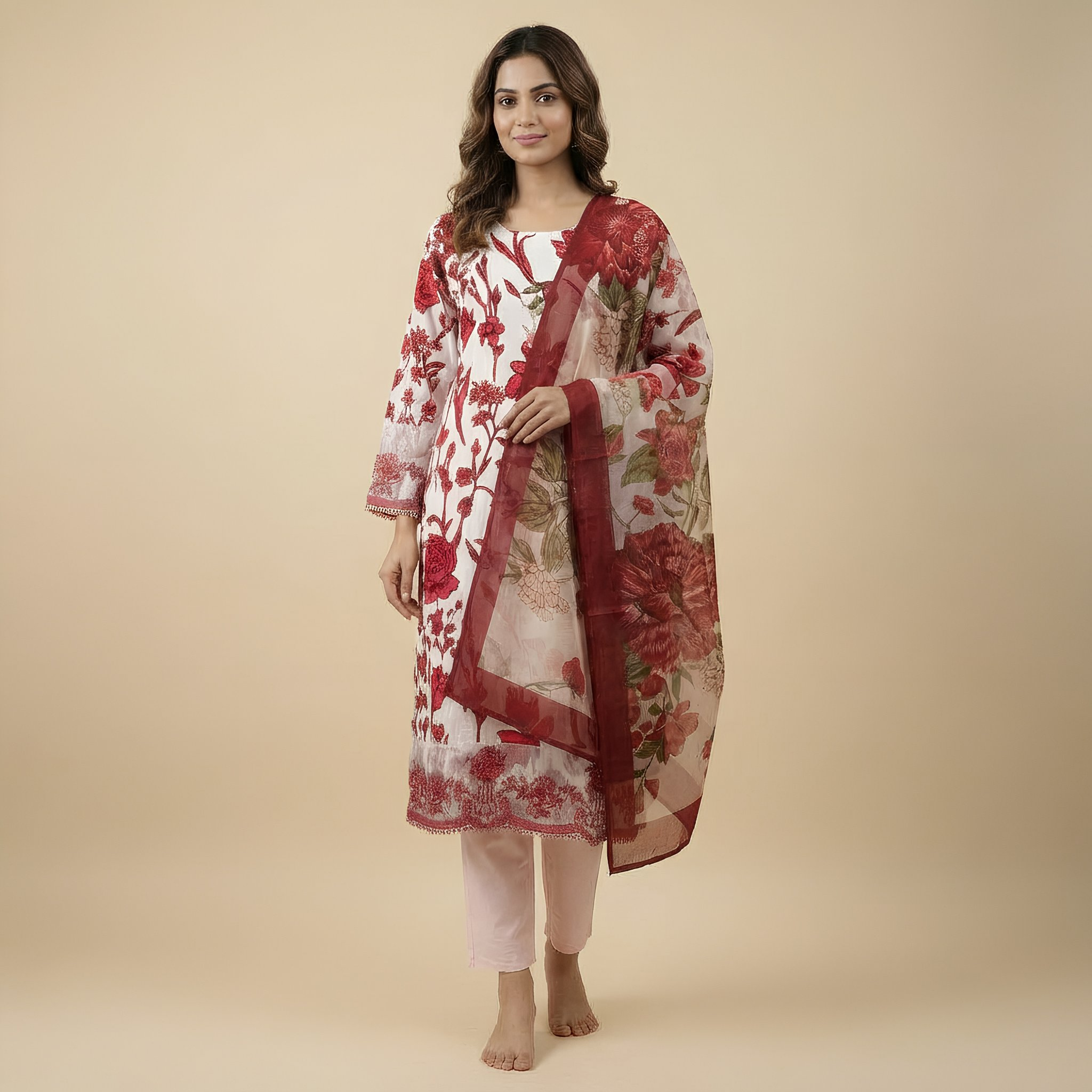 Ivory & Deep Red Floral Printed Cotton Blend Suit Set with Soft Dupatta  mo3.1