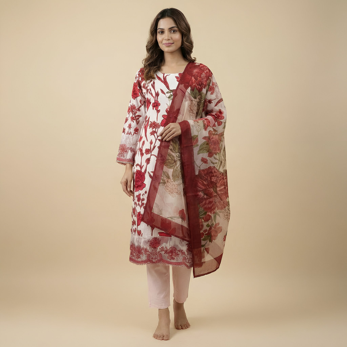 Ivory & Deep Red Floral Printed Cotton Blend Suit Set with Soft Dupatta  mo3.1