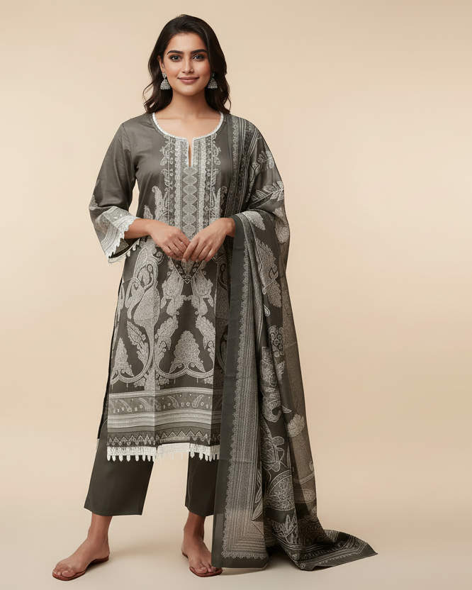 Woman wearing a traditional outfit with a gray and white patterned dress and dupatta on a white background