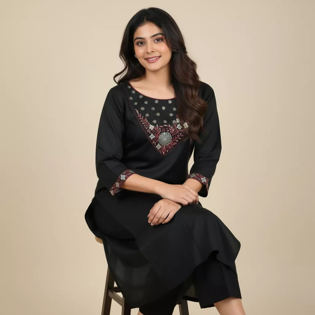 Black & Maroon Embroidered Kurtha Ho 3 - BLACK