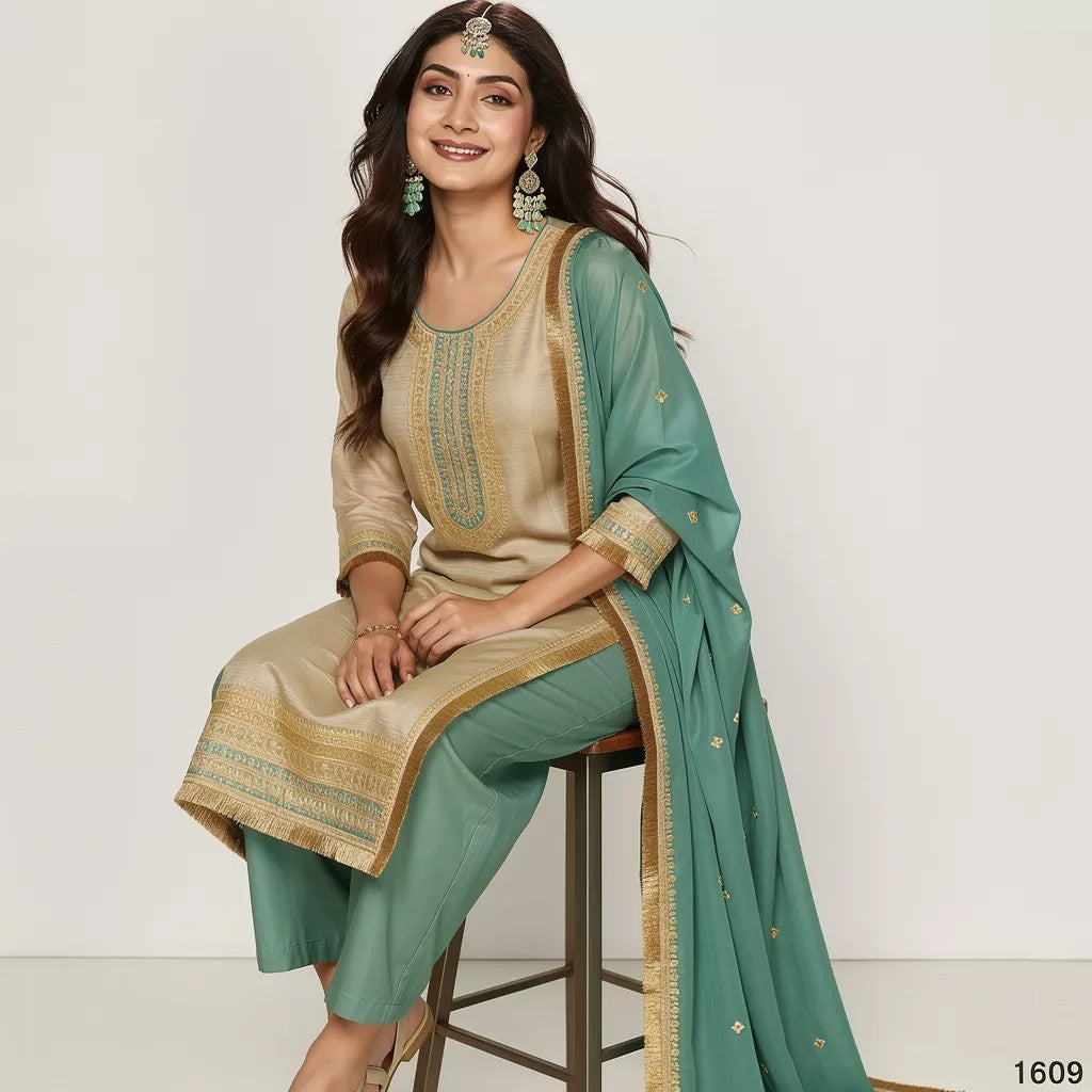 Cream Embroidered Kurta Set with Dupatta Ho 13 - CREAM