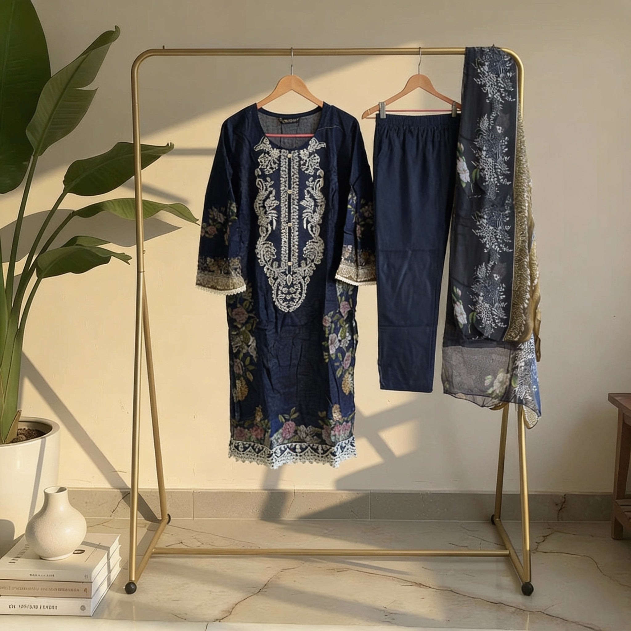 Deep Navy Blue Floral Printed Cotton Suit Set with Coordinated Dupatta  MO8.12