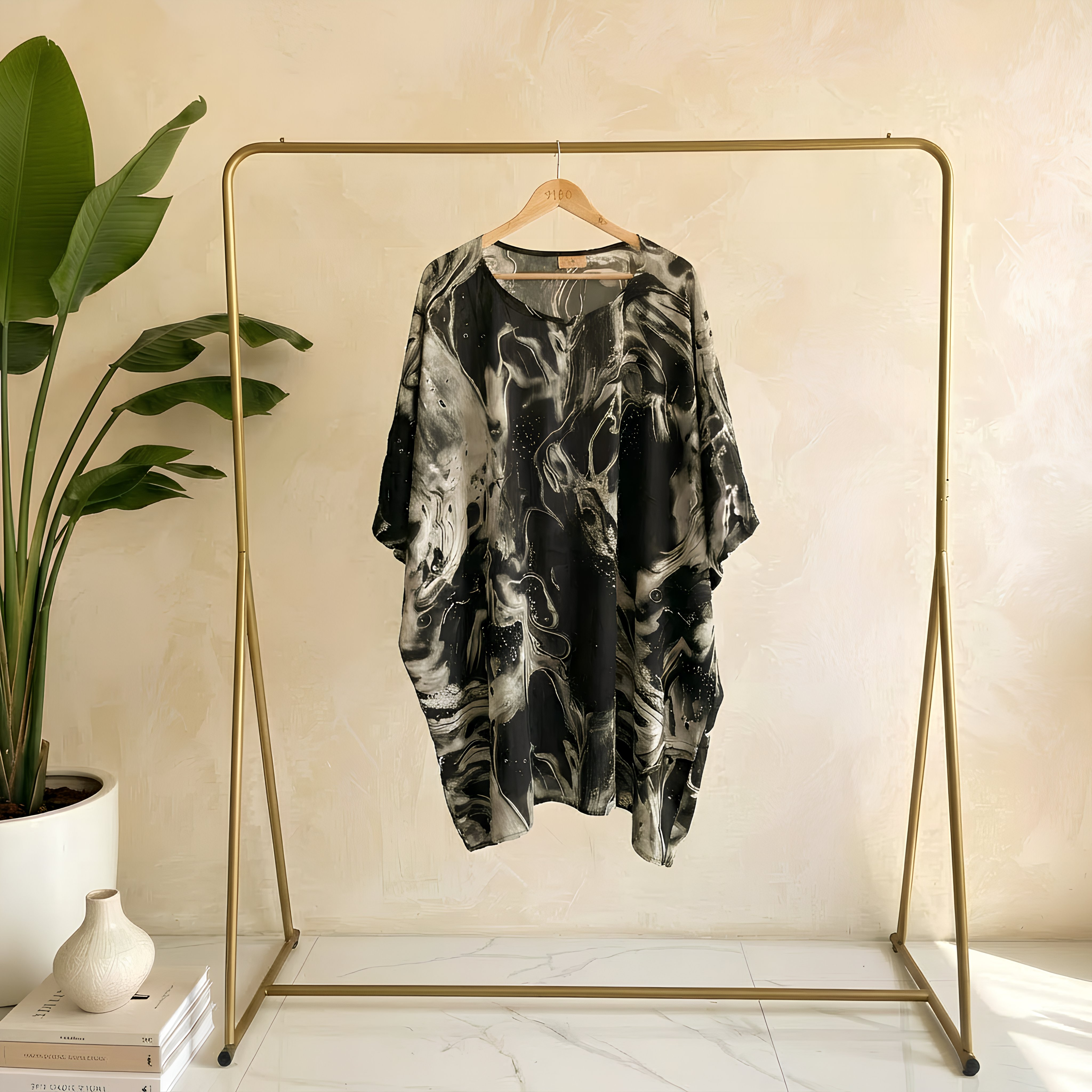 Black Galaxy Kaftan Set with Drapped Skirt Pant