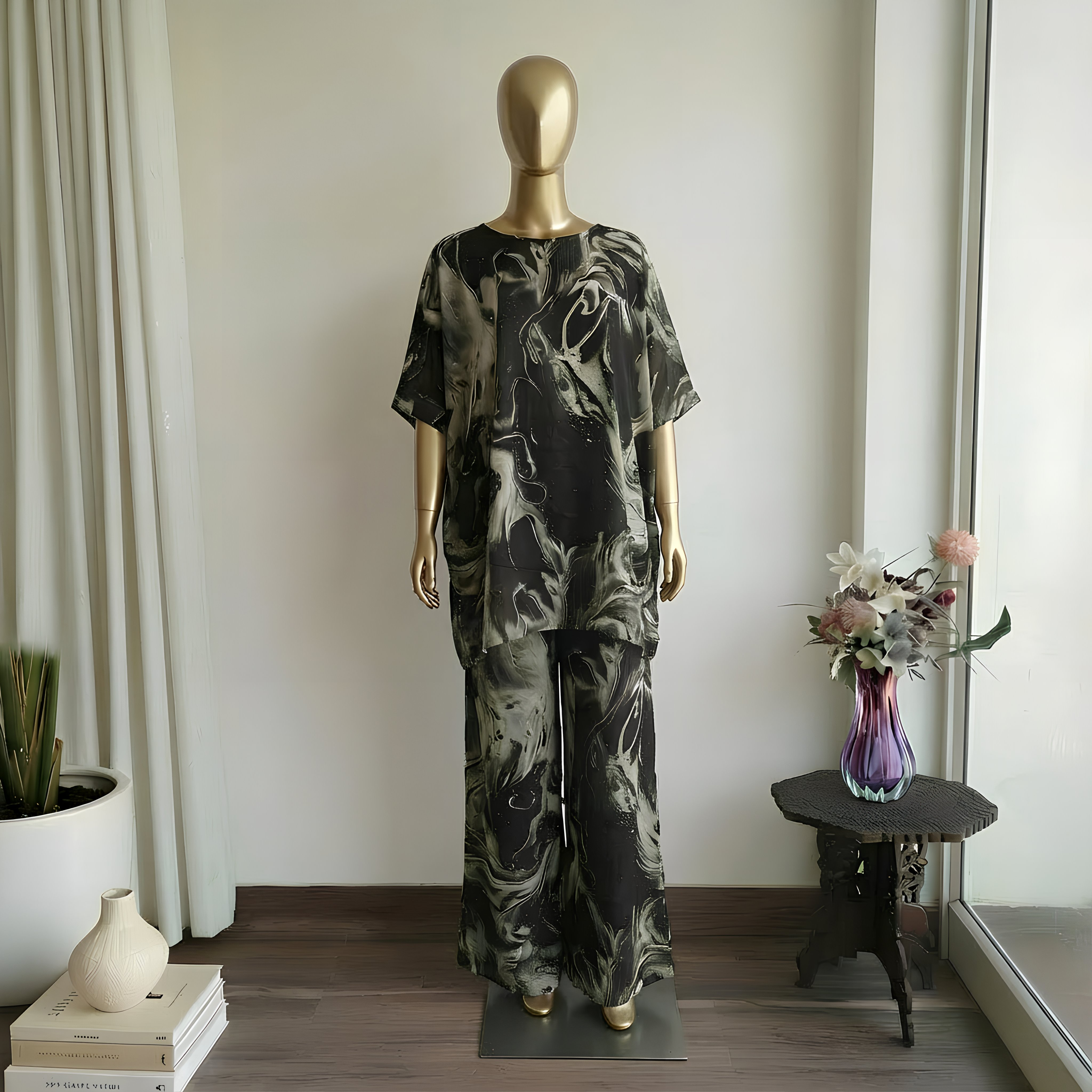 Black Galaxy Kaftan Set with Drapped Skirt Pant