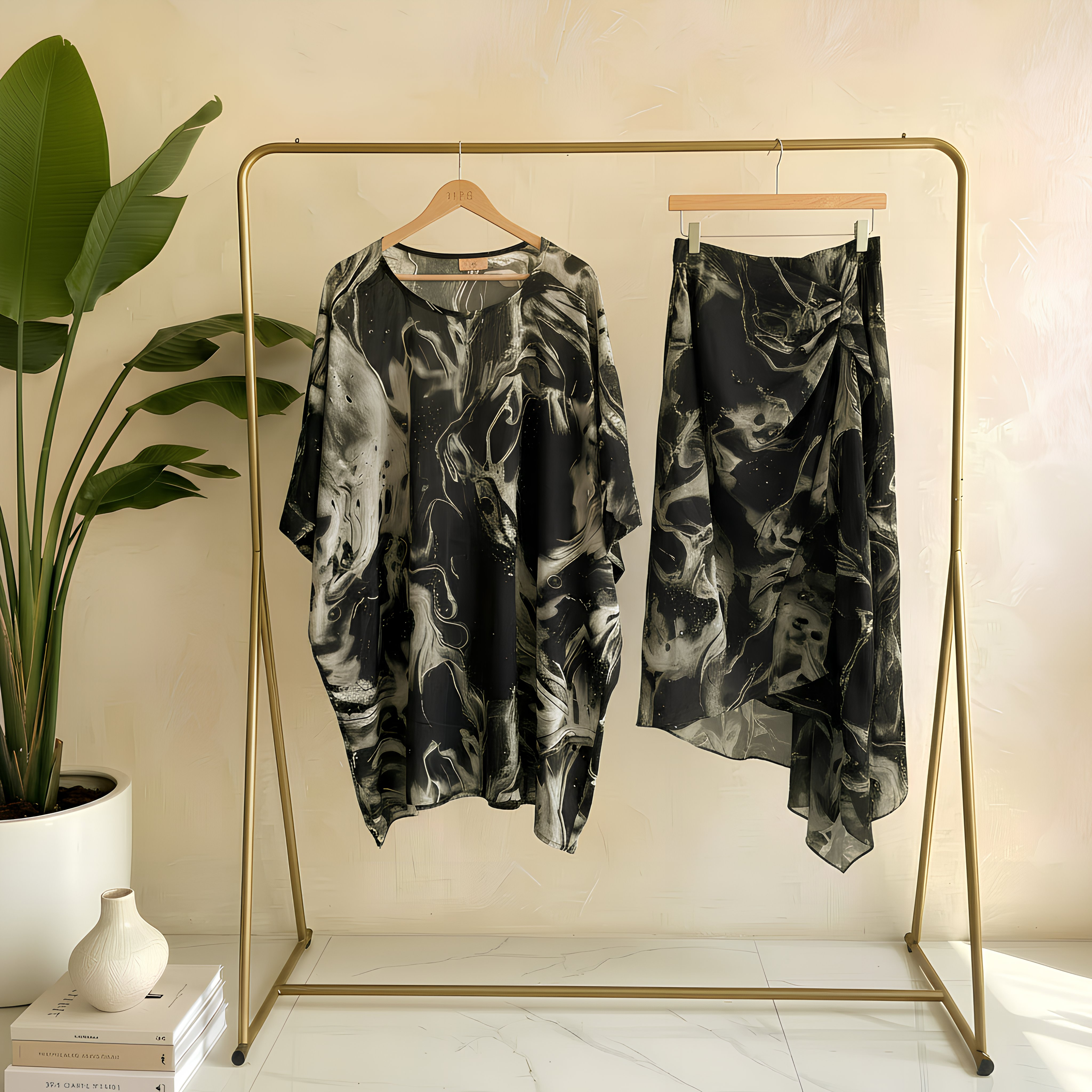 Black Galaxy Kaftan Set with Drapped Skirt Pant