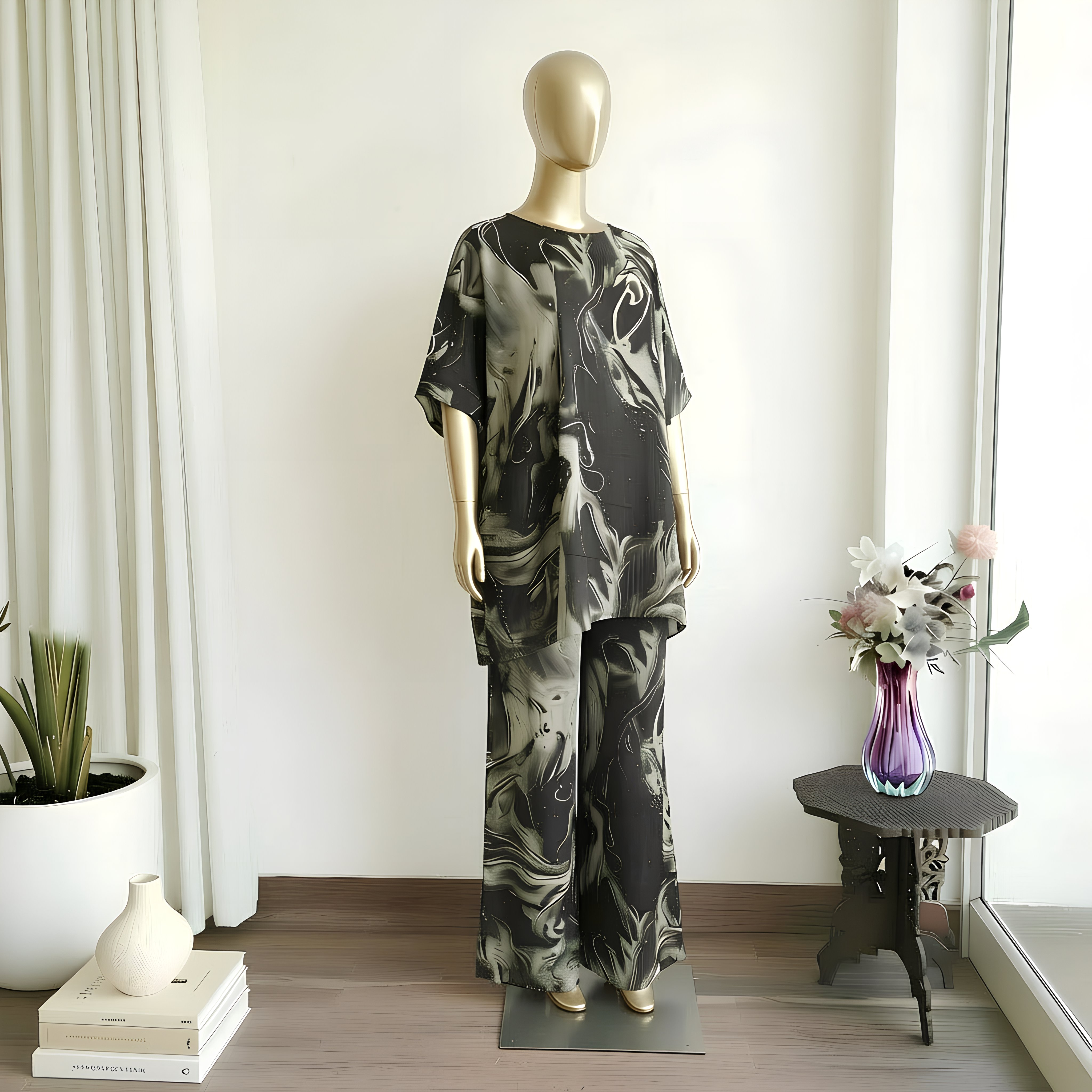 Black Galaxy Kaftan Set with Drapped Skirt Pant
