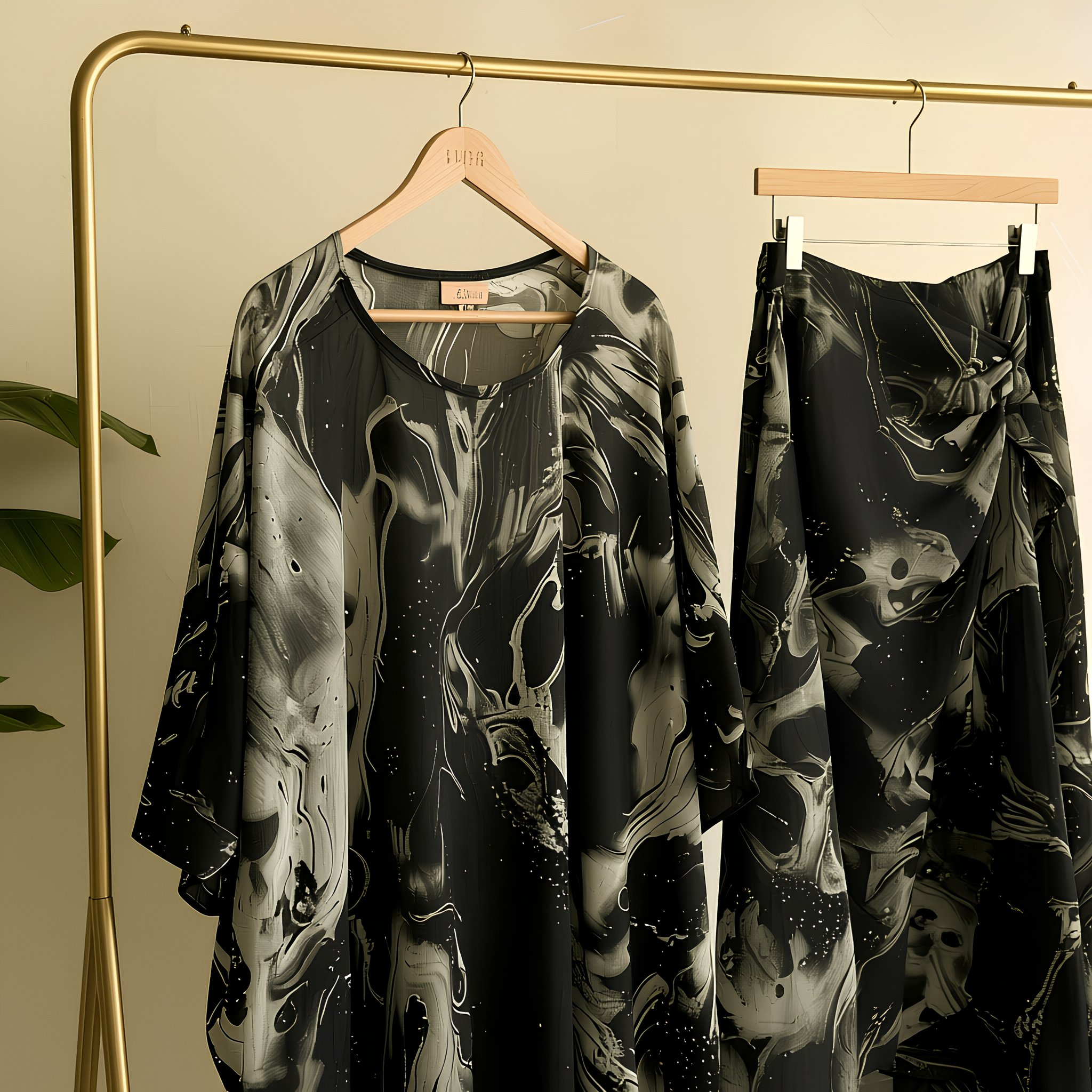 Black Galaxy Kaftan Set with Drapped Skirt Pant