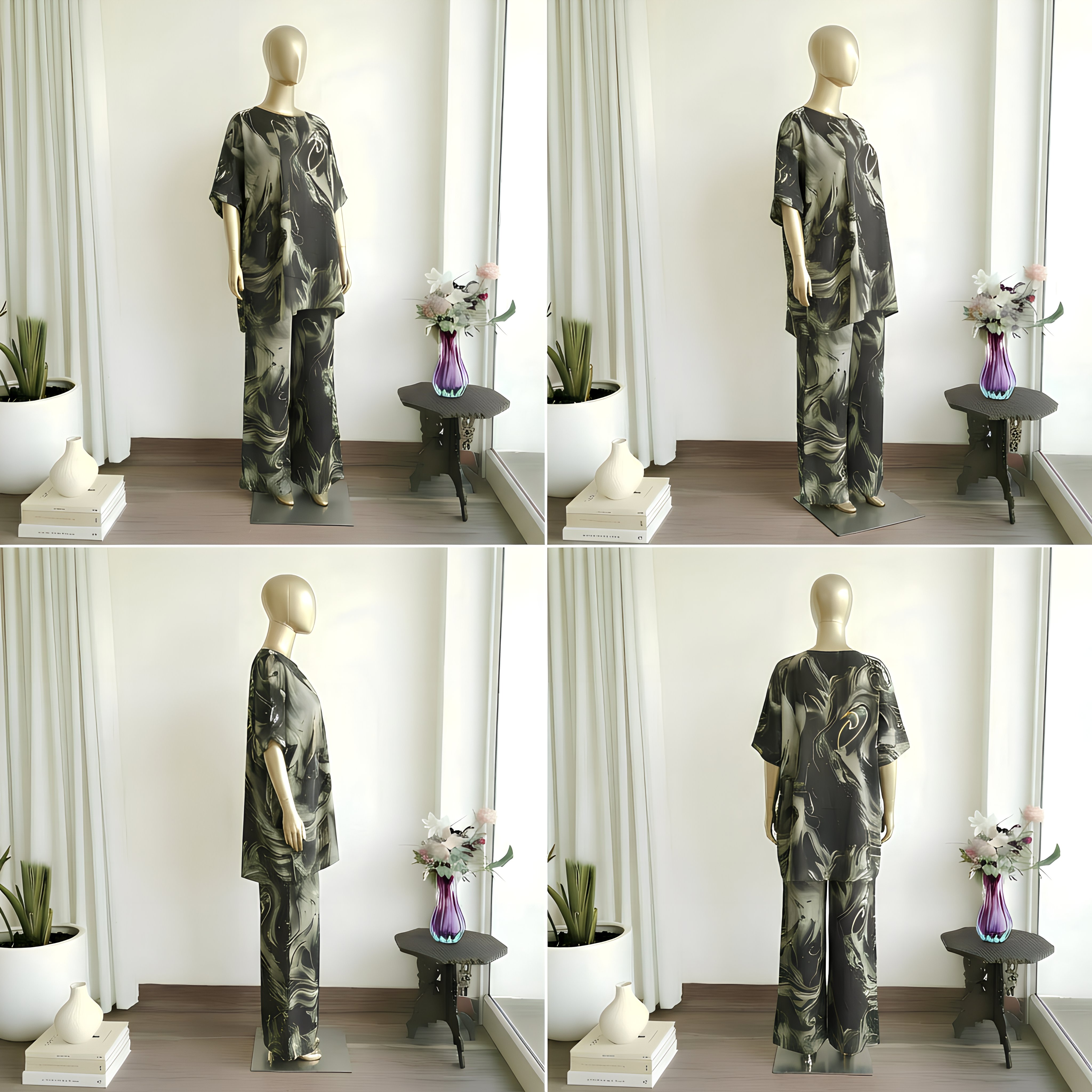 Black Galaxy Kaftan Set with Drapped Skirt Pant