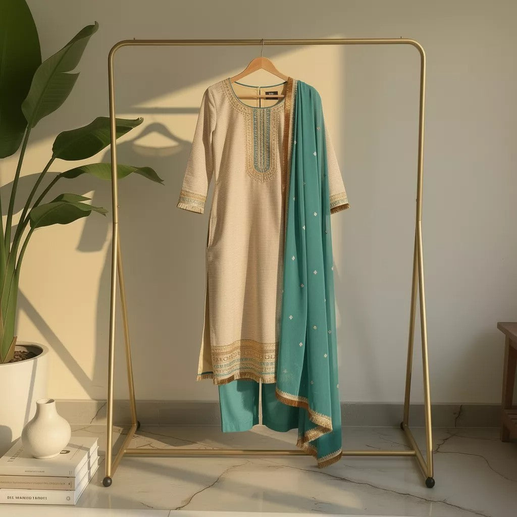 Cream Embroidered Kurta Set with Dupatta Ho 13 - CREAM