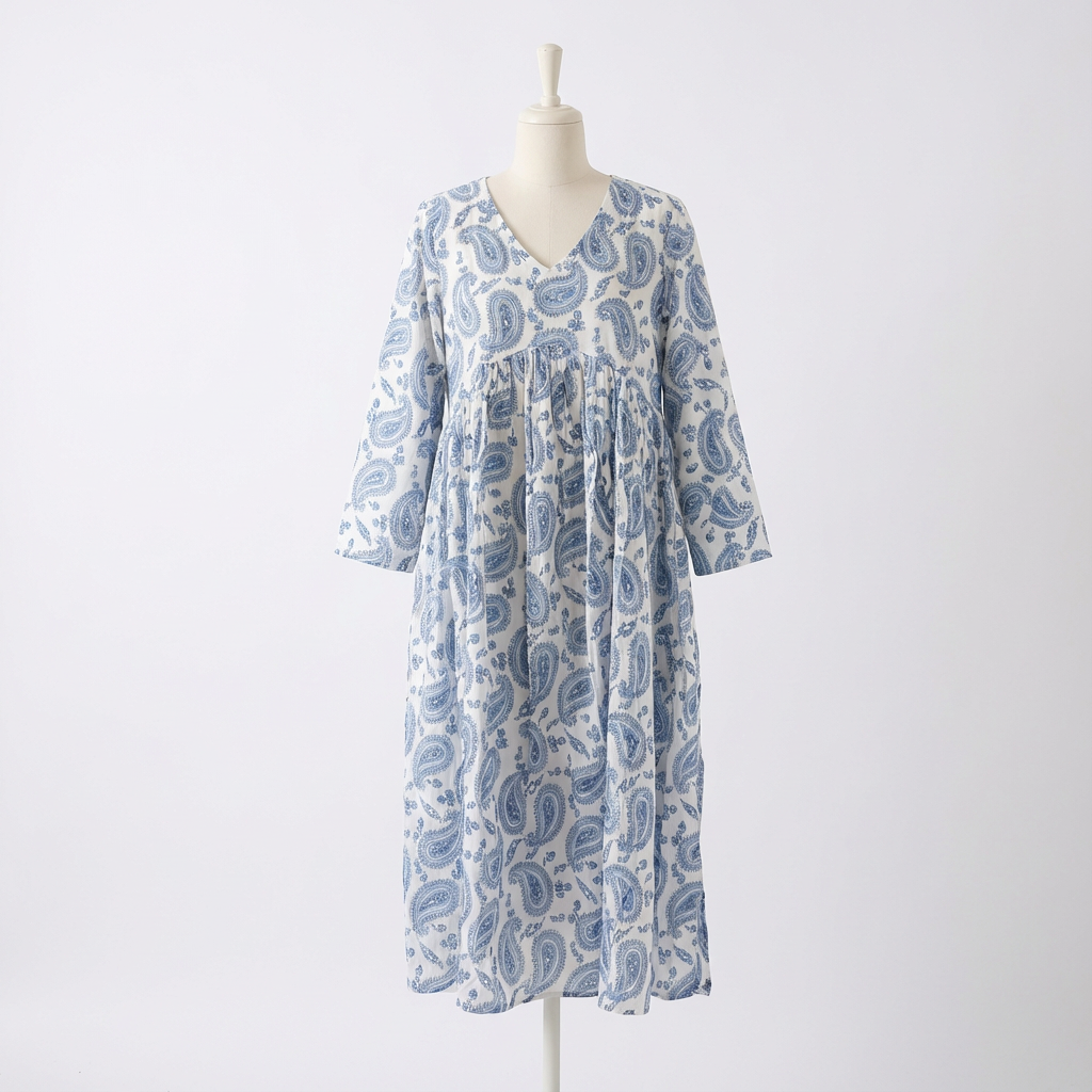 Blue & White Paisley Printed Gathered Kurta HO 2 M8