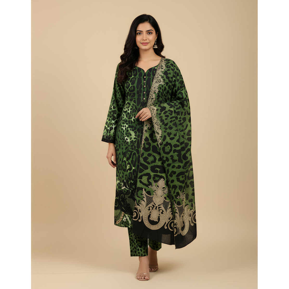 Emerald Green & Black Leopard Print Cotton Blend Suit Set with Ornamental Dupatta mo2.2
