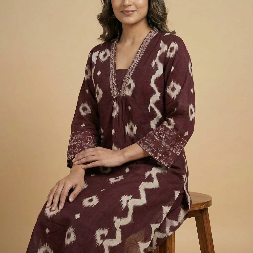 Wine Ikat-Inspired Printed Kurta HO2 L5