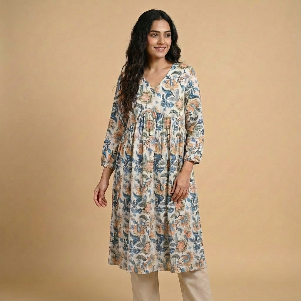 White Floral Printed Cotton Kurta HO2 L10