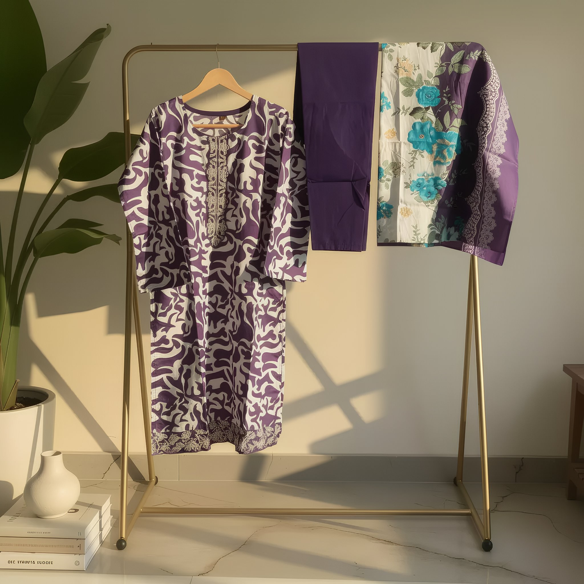 Deep Purple Abstract Printed Cotton Suit Set with Floral Dupatta  MO12.2