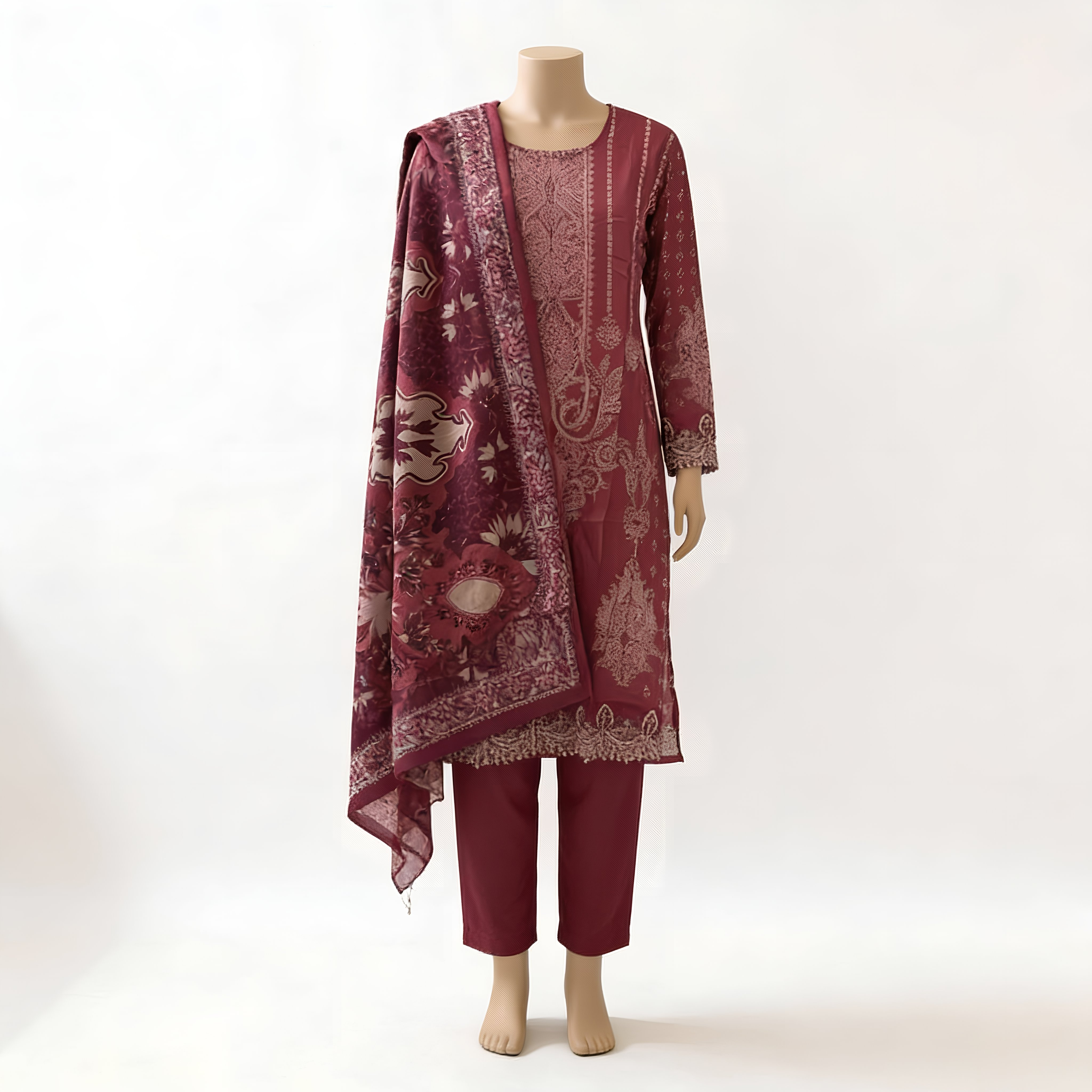 Deep Maroon Ethnic Printed Cotton Blend Suit Set with Soft Dupatta  mo3.2